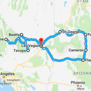the route the group drove through four states: nevada, utah, arizona, california.