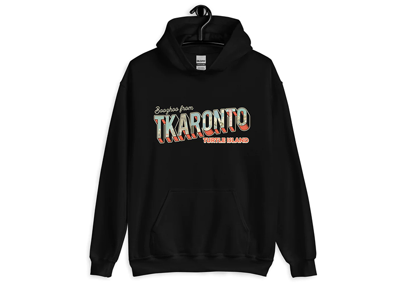 A hoodie that reads "TKanto, Boohoo Turtle Island