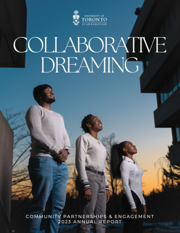 2023 Annual Report Collaborative Dreaming. Three students gaze up into the sky.