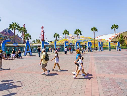 Tourists visiting Disneyland, large letters reading "California" visible across the park