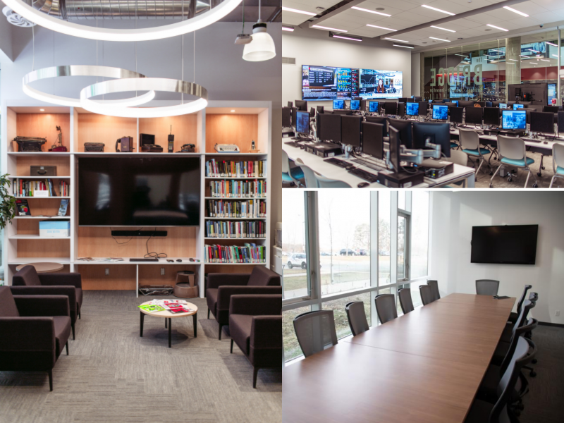 three images of a library, boardroom, and computer lab